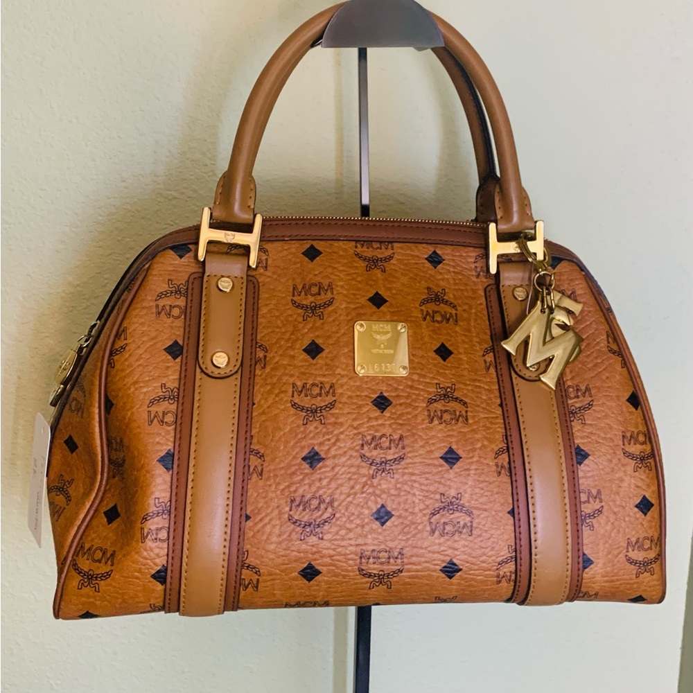 MCM Cognac Visetos Dome Satchel with Gold Hardware